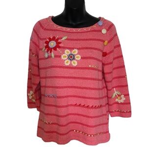 Carson Coral Pink Striped Crochet Embroidered‎ Beaded Ribbon Sweater sz L Large